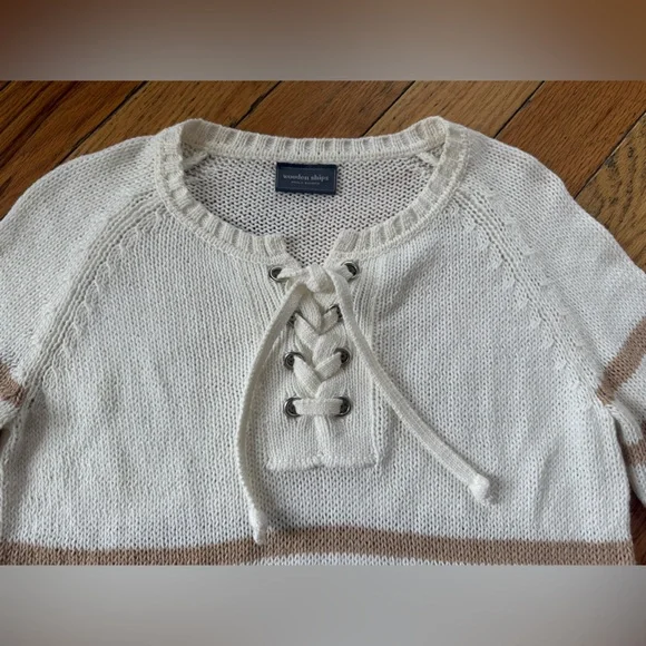 Wooden Ships Palmer Laced Sweater White/Tan Stripe Women’s Size S/M - Picture 3 of 11